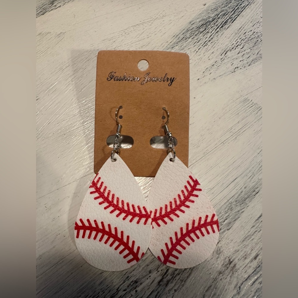 Faux leather red and white baseball softball Earrings new